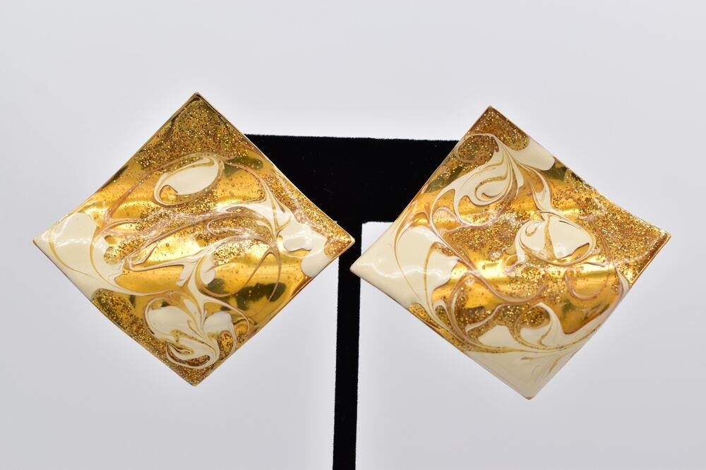 Vintage Statement Earrings Glitter Gold Enamel Off White Crinkle Metal 80s BinAI